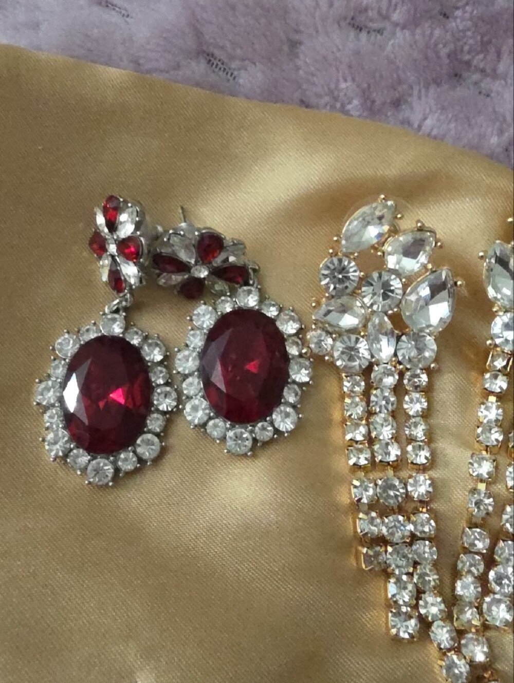 Vintage Red and Clear Crystal Dangle Earrings - Picture 2 of 5